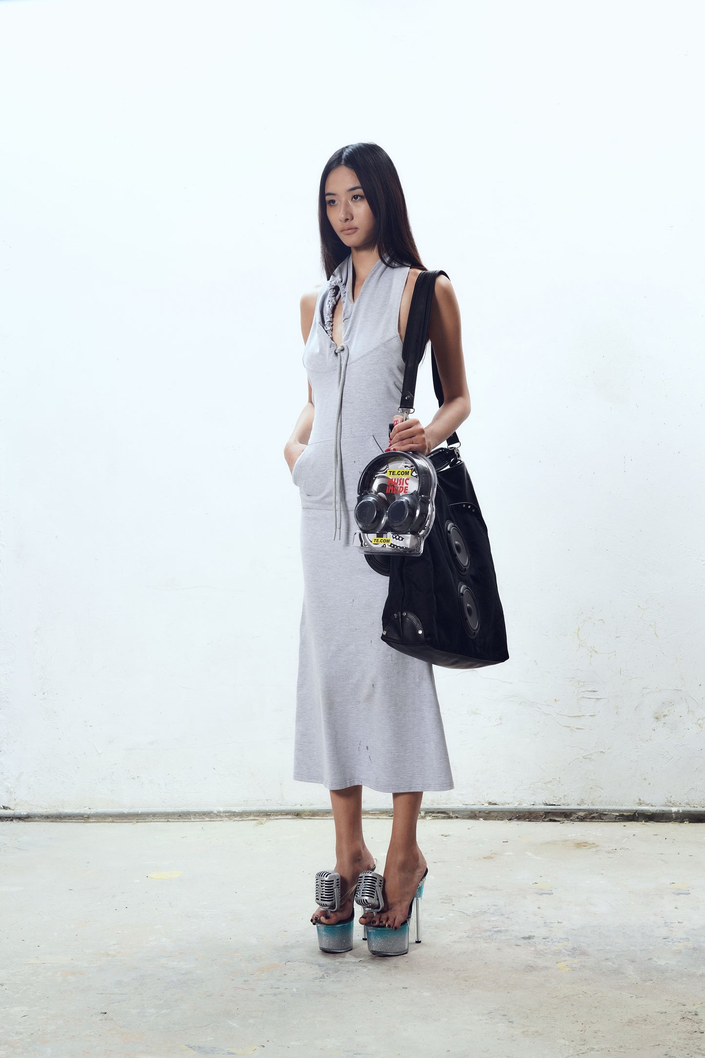Speaker Component Distressed Hoodie Dress